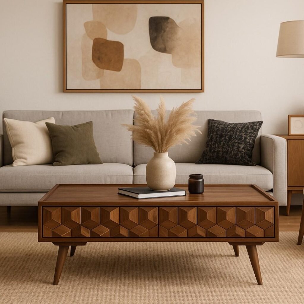 Modern wooden coffee table with geometric drawer design and tapered legs.