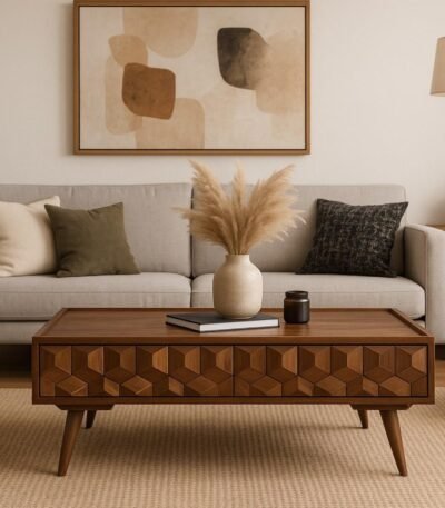 Modern wooden coffee table with geometric drawer design and tapered legs.