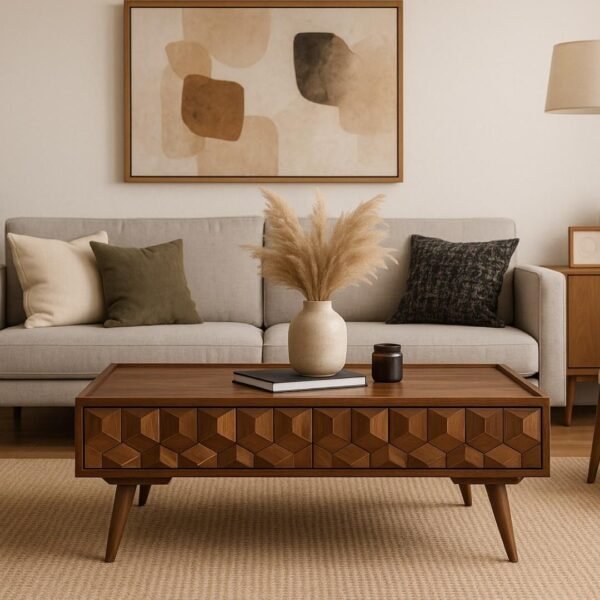 Modern wooden coffee table with geometric drawer design and tapered legs.