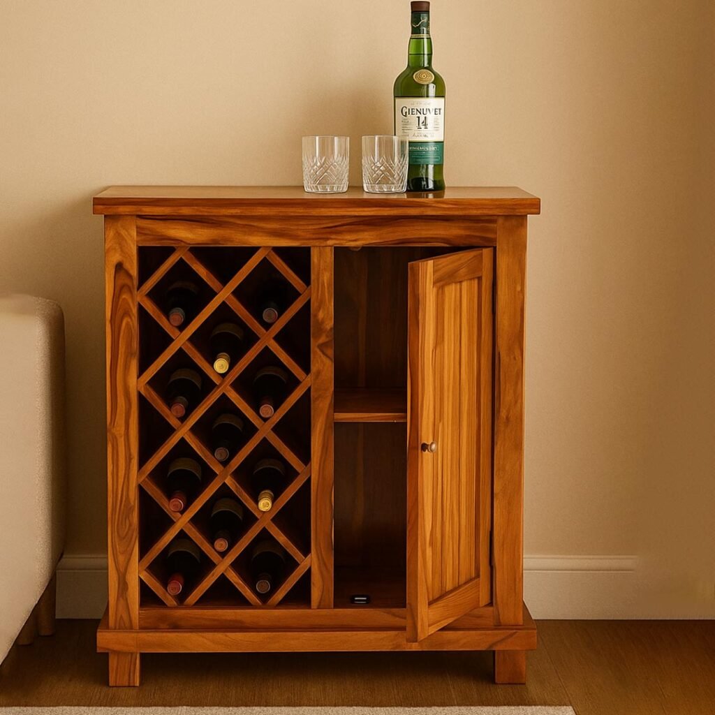 Solid wood mini bar handcrafted from Sheesham wood with wine rack and storage
