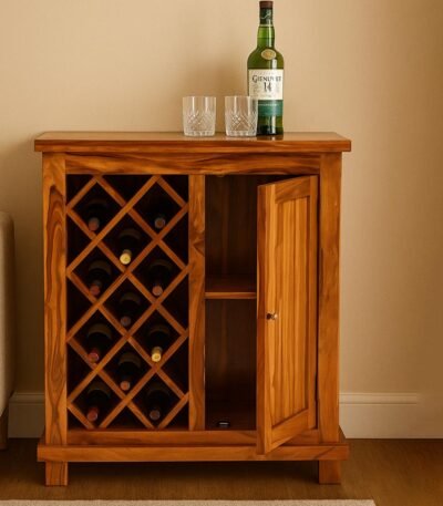 Solid wood mini bar handcrafted from Sheesham wood with wine rack and storage