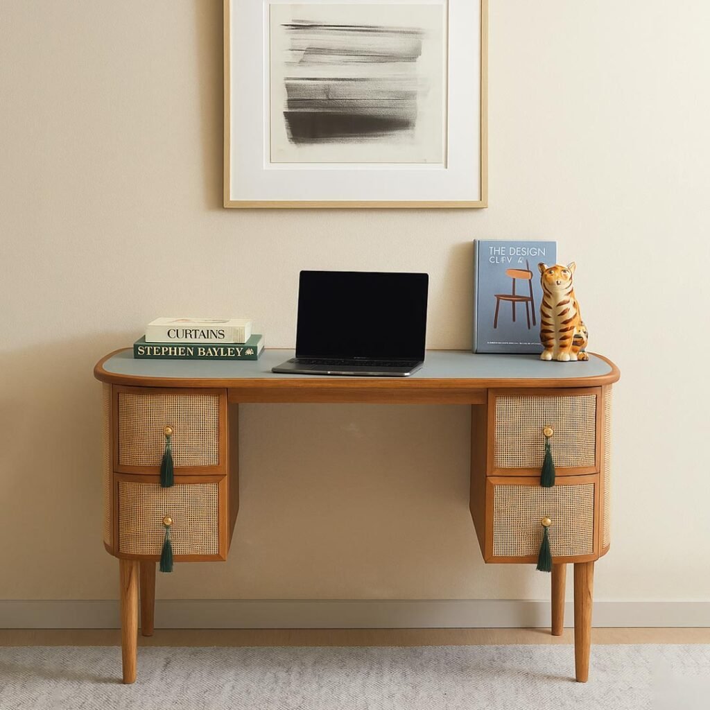 Rattan study desk in solid Sheesham wood with cane drawers