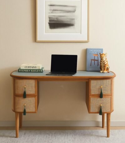 Rattan study desk in solid Sheesham wood with cane drawers
