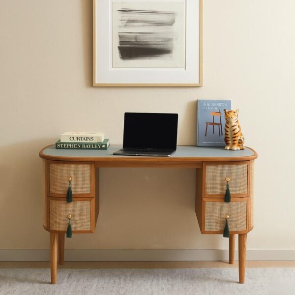 Rattan study desk in solid Sheesham wood with cane drawers