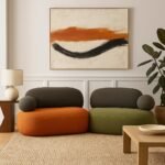 Modular bouclé sofa with two-tone upholstered pods and Mango wood frame