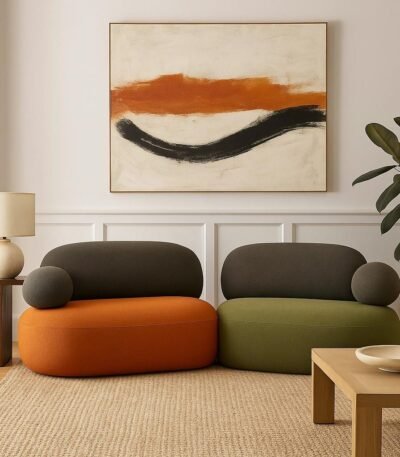 Modular bouclé sofa with two-tone upholstered pods and Mango wood frame