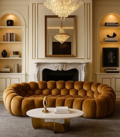 Modular sofa with pumpkin bubble design in brown upholstery