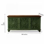 Harita Mango Wood Carved Console Table - Distressed Green Sideboard with Brown Top- Wooden Slice - Image 6