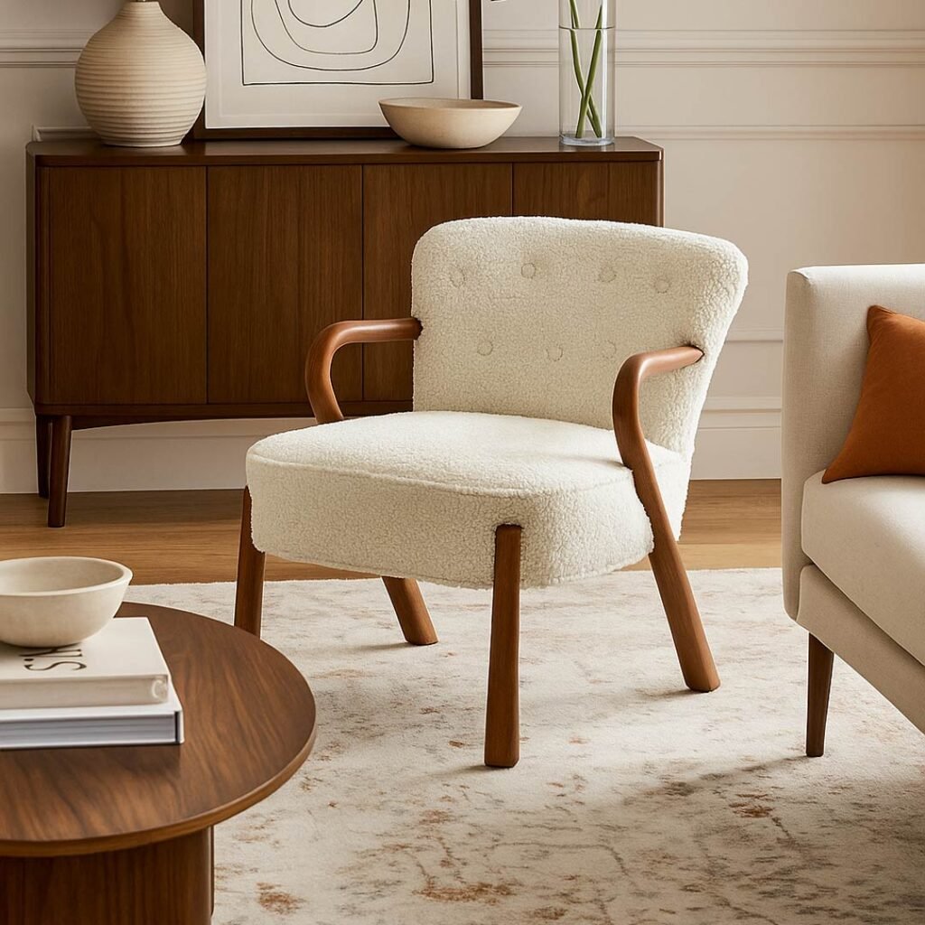 Armetta handcrafted sheesham wood boucle lounge chair with curved arms and cushioned seat