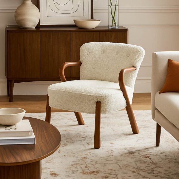 Armetta handcrafted sheesham wood boucle lounge chair with curved arms and cushioned seat