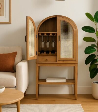 Bruzzo solid wood rattan cane bar cabinet with handcrafted Sheesham wood and cane doors