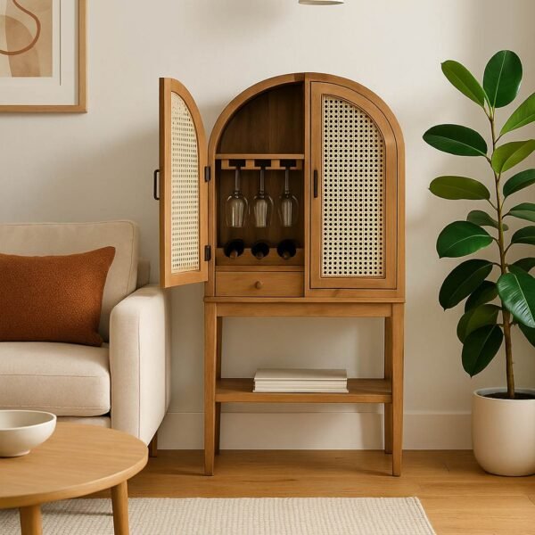 Bruzzo solid wood rattan cane bar cabinet with handcrafted Sheesham wood and cane doors