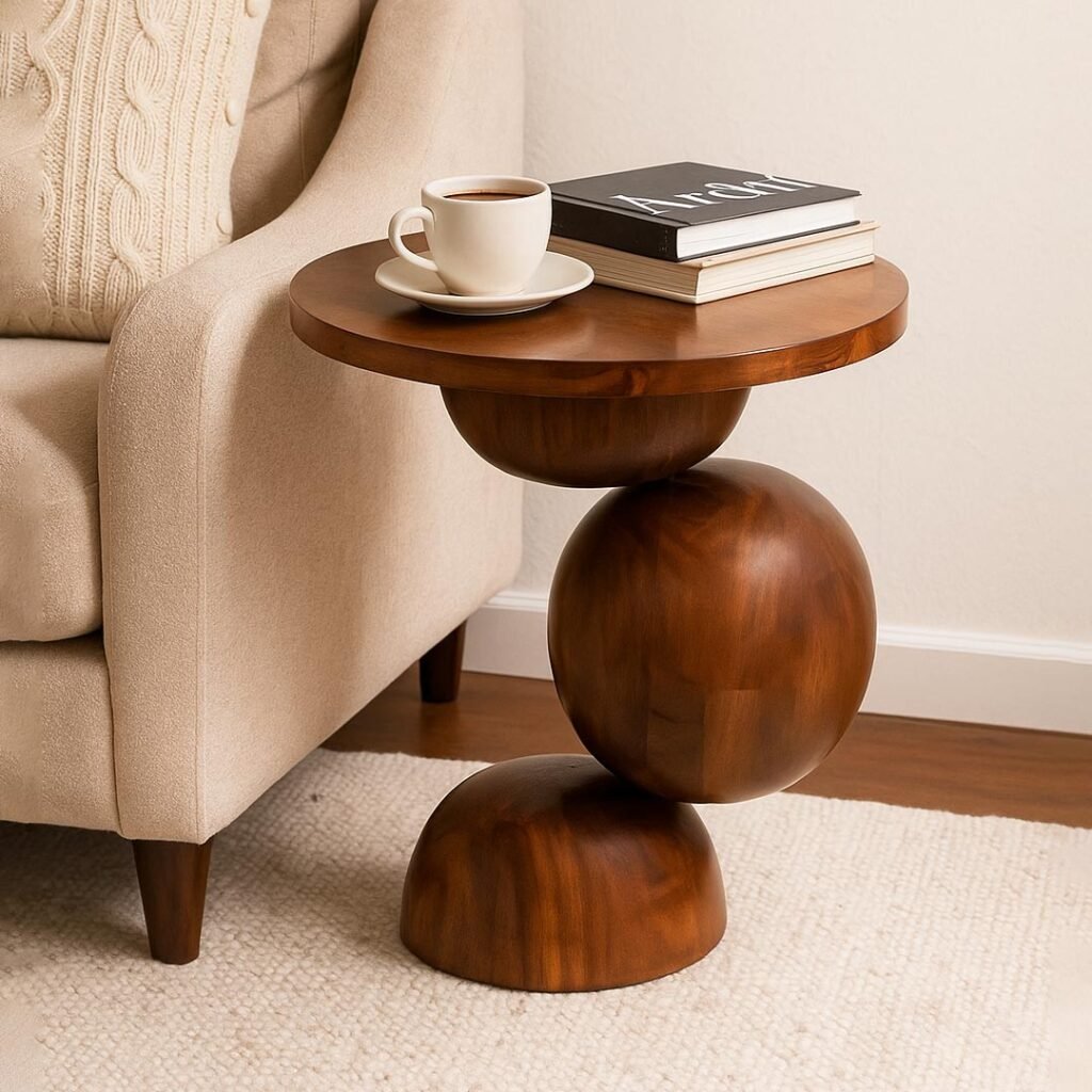 Artistic wooden sphere side table with stacked sculptural base and smooth round top in rich honey finish.