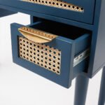 Rattan study table in Sheesham wood with deep blue finish and cane drawers