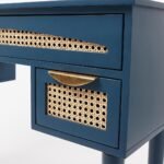 Rattan study table in Sheesham wood with deep blue finish and cane drawers