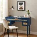 Rattan study table in Sheesham wood with deep blue finish and cane drawers
