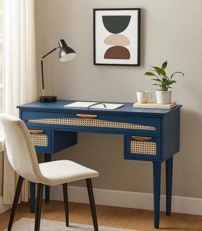Rattan study table in Sheesham wood with deep blue finish and cane drawers