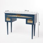 Rattan study table in Sheesham wood with deep blue finish and cane drawers