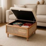 Mora Mango Wood Rattan Storage Ottoman with Lid - Square Lift-Top Accent Bench - Image 9