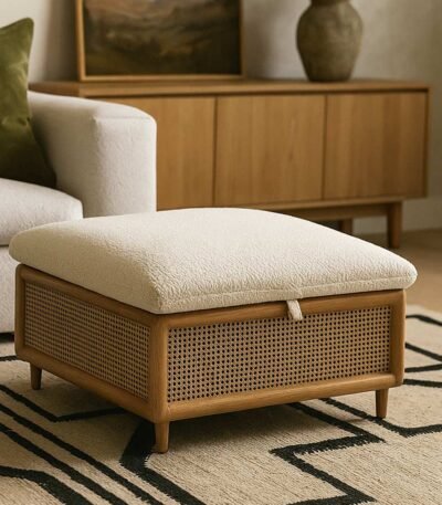 Mora Rattan Storage Ottoman with lift-top lid and soft fabric cushion