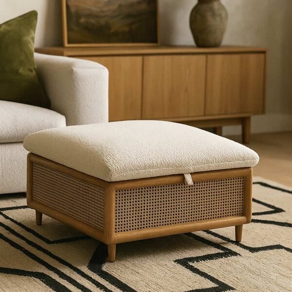 Mora Rattan Storage Ottoman with lift-top lid and soft fabric cushion