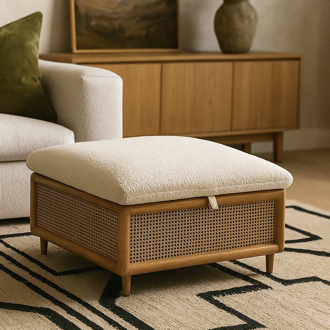 Mora Rattan Storage Ottoman with lift-top lid and soft fabric cushion