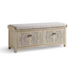 Shilpak handcarved wood storage bench with mandala doors and removable cushion