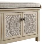 Shilpak handcarved wood storage bench with mandala doors and removable cushion
