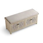 Shilpak handcarved wood storage bench with mandala doors and removable cushion