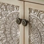 Shilpak handcarved wood storage bench with mandala doors and removable cushion