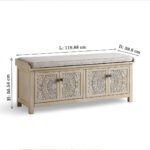 Shilpak handcarved wood storage bench with mandala doors and removable cushion