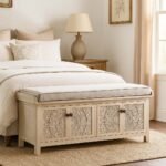 Shilpak handcarved wood storage bench with mandala doors and removable cushion