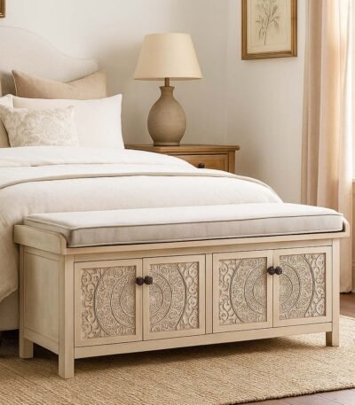 Shilpak handcarved wood storage bench with mandala doors and removable cushion