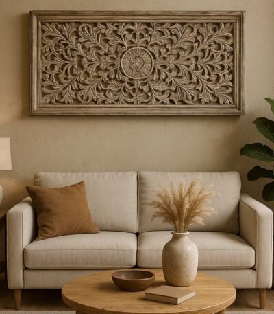 Artara wood carved wall panel in distressed white mango wood