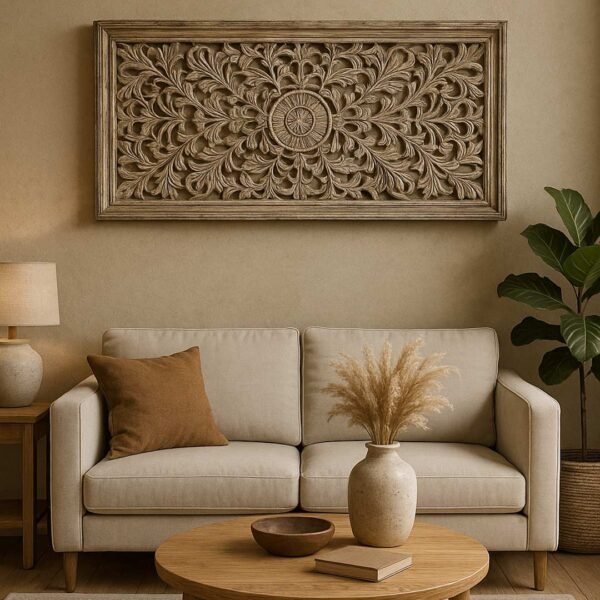 Artara wood carved wall panel in distressed white mango wood