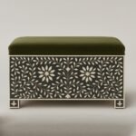 Forest Bloom bone inlay trunk with floral design and green upholstered lid