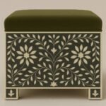 Forest Bloom bone inlay trunk with floral design and green upholstered lid