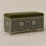 Forest Bloom bone inlay trunk with floral design and green upholstered lid