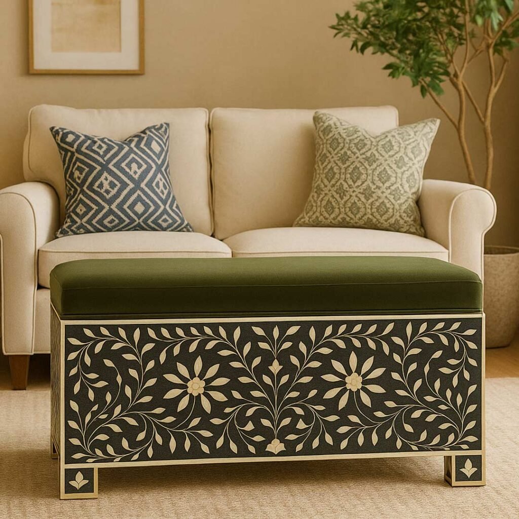 Forest Bloom bone inlay trunk with floral design and green upholstered lid