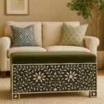 Forest Bloom bone inlay trunk with floral design and green upholstered lid