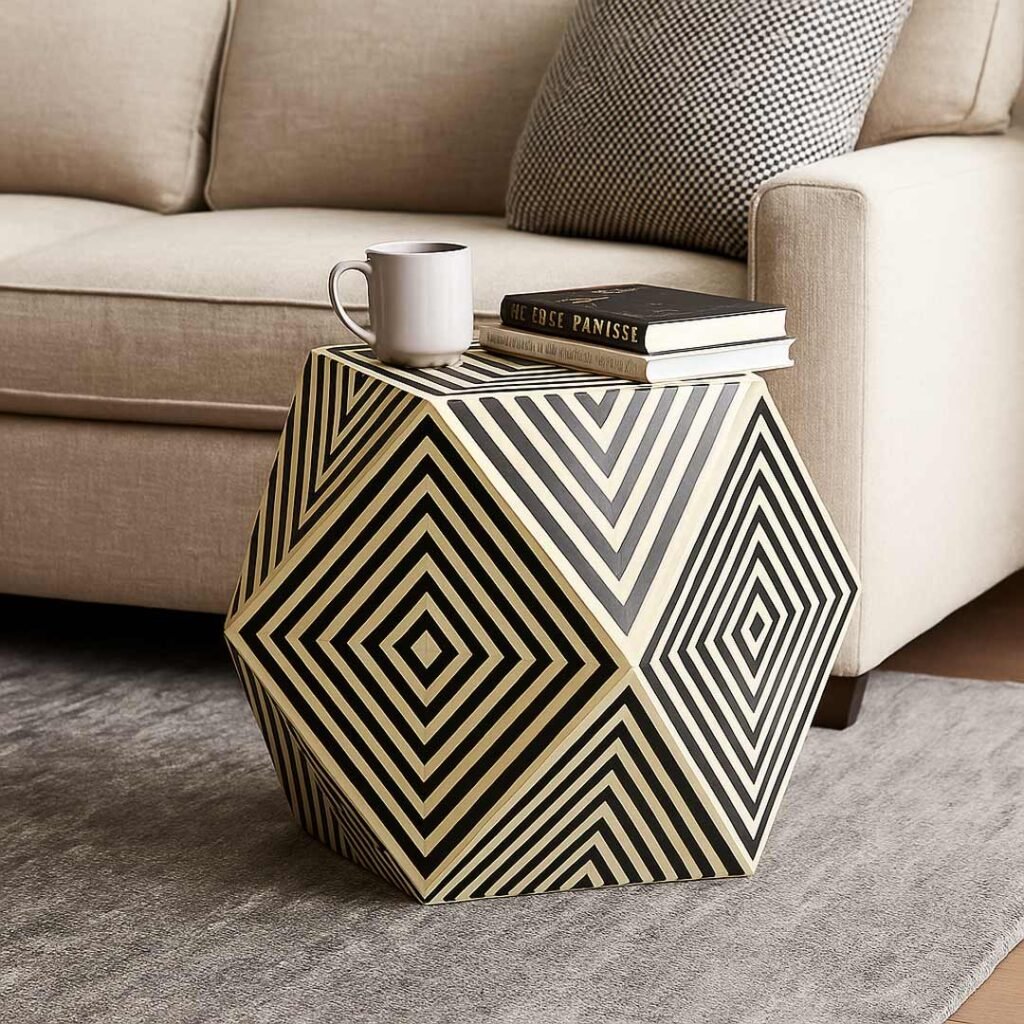Geometric bone inlay black and white optical illusion side table with bold diamond pattern and hexagonal design.