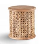 Stubo Hand-Carved Natural Sheesham Wood Drum Side Table - Jali Accent Console- Wooden Slice - Image 2