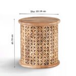 Stubo Hand-Carved Natural Sheesham Wood Drum Side Table - Jali Accent Console- Wooden Slice - Image 4