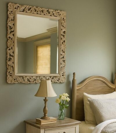 Royal Gaze handcrafted wooden wall mirror in distressed white finish