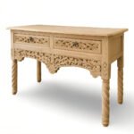 Handcrafted Sheesham wood console table with floral carvings and spiral legs in a natural light finish.