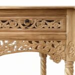 Handcrafted Sheesham wood console table with floral carvings and spiral legs in a natural light finish.