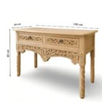 Handcrafted Sheesham wood console table with floral carvings and spiral legs in a natural light finish.