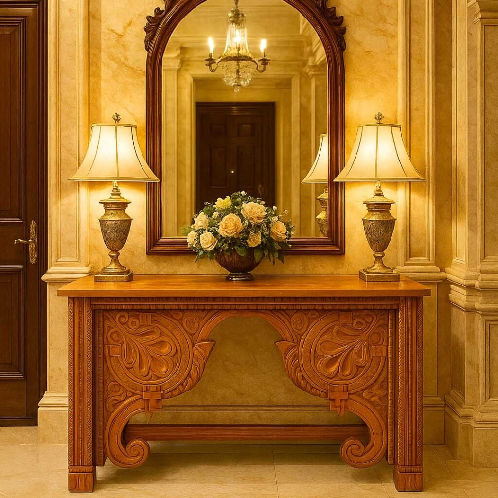 andcrafted Sheesham wood console table with classic carved details, perfect for vintage or boho decor styles.