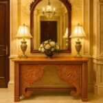 andcrafted Sheesham wood console table with classic carved details, perfect for vintage or boho decor styles.