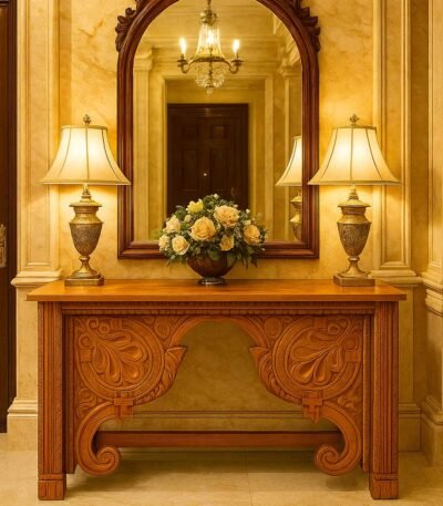 andcrafted Sheesham wood console table with classic carved details, perfect for vintage or boho decor styles.